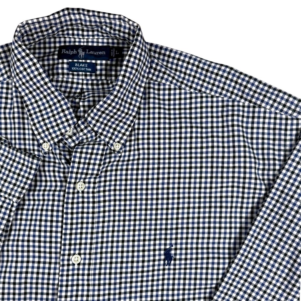 Ralph Lauren Blake Mens Large Gingham Button Down Shirt Navy Black White Cotton